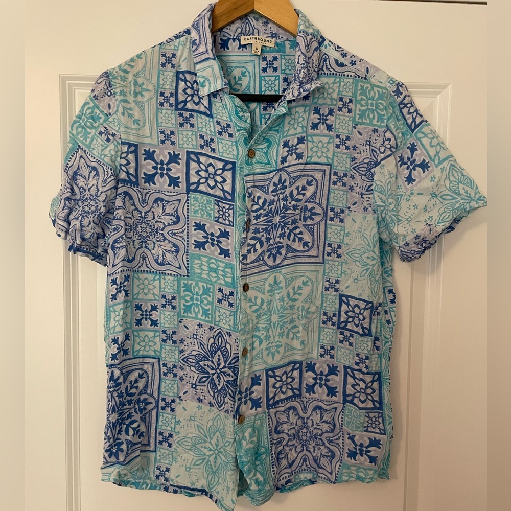 Earthbound Trading Co. Blue and Green Hawaiian style Mix Pattern boho Shirt
